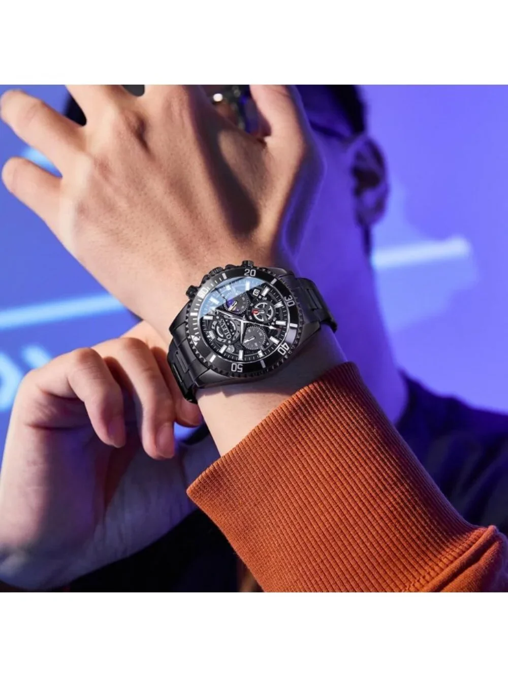 Men's All Black Stainless Steel Waterproof Business Date Dress Wrist Watches